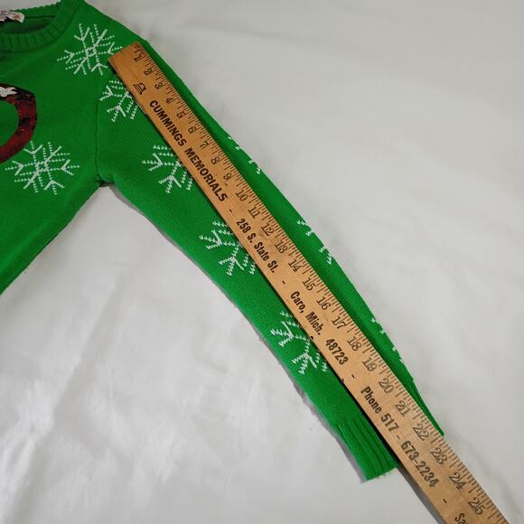Ugly Christmas Sweater Gnome Medium Sequined Green Snowflakes PomPom Nose - Picture 10 of 12
